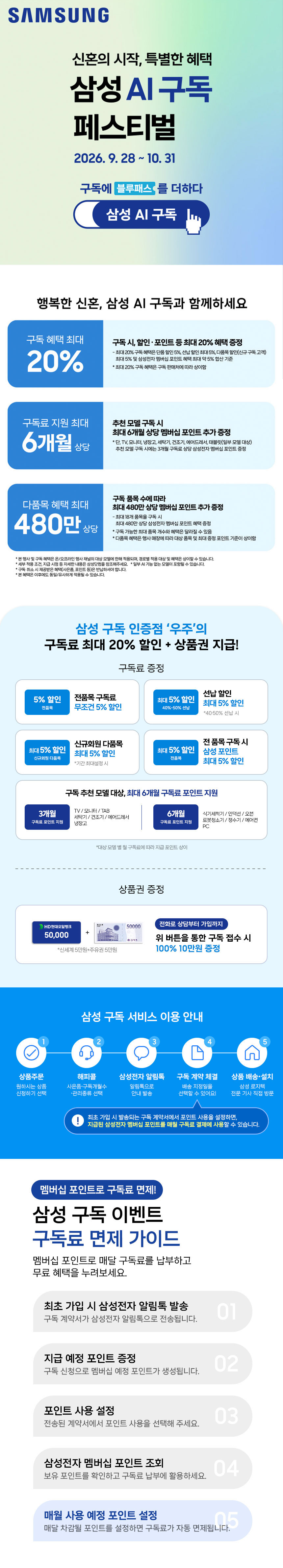 삼성 AI 구독 페스티벌: 할인·포인트 합산 최대 20%, 추천 모델 최대 6개월 상당 포인트, 다품목 최대 480만원 상당 혜택 및 전화 상담 구독 접수 시 상품권 10만원