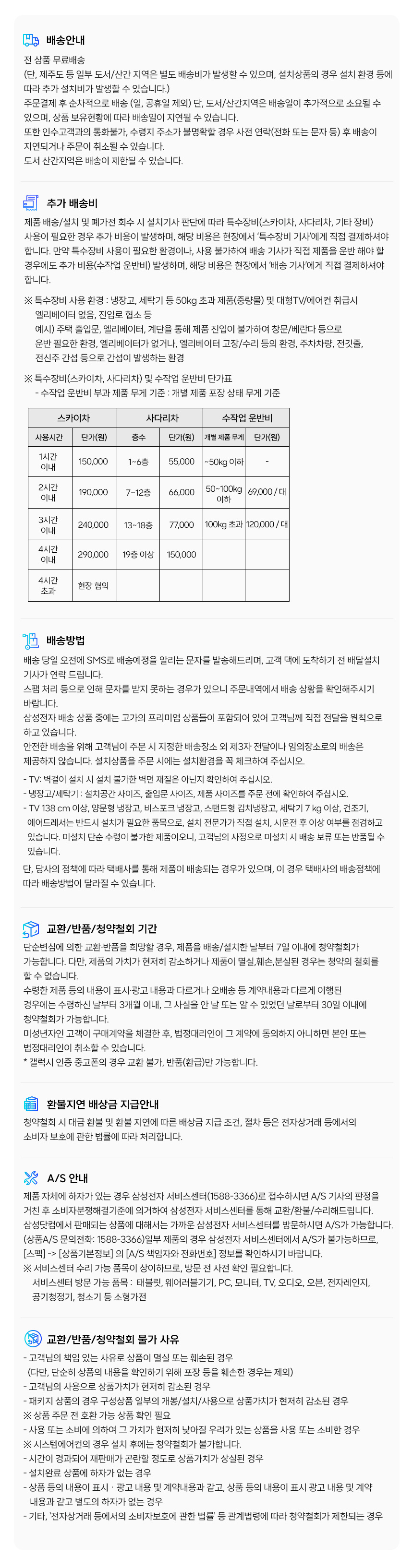 삼성전자 가전 배송 및 추가 설치비, 교환·반품·청약철회, 환불과 A/S 안내