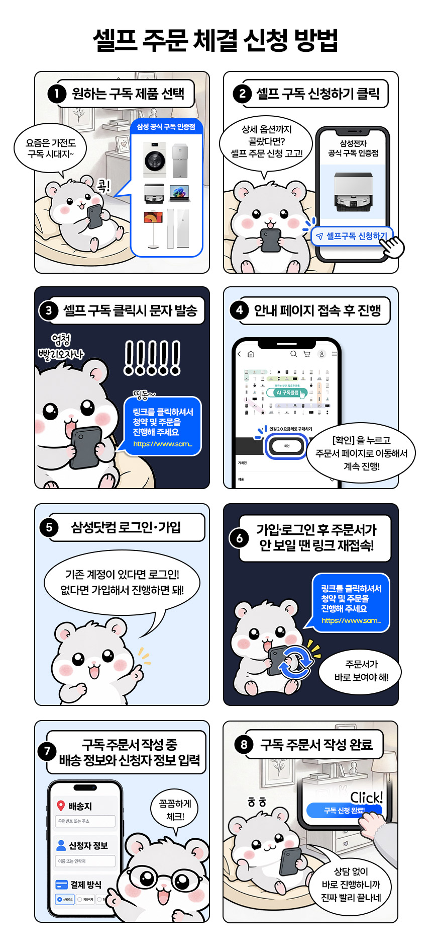 셀프구독 주문 체결 신청 방법. 제품 선택, 셀프구독 신청, 문자 링크 접속, 삼성닷컴 로그인 후 주문서 작성